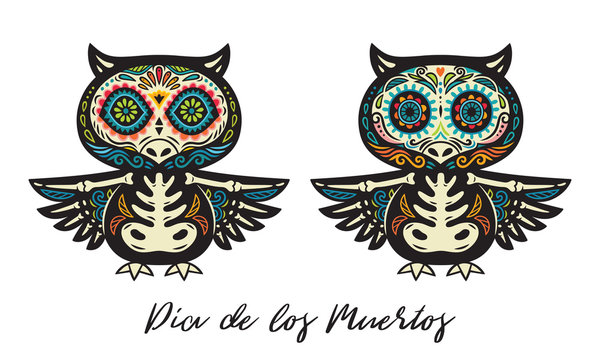 Greeting card with sugar skull owls. Traditional holiday in Mexico.