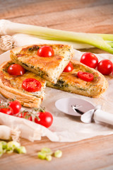 Leek and tomato quiche.