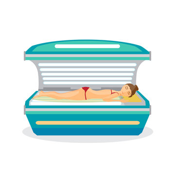 Young woman tanning in solarium. Vector flat cartoon illustratio