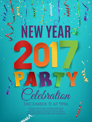 New Year 2017 party poster template with ribbons.