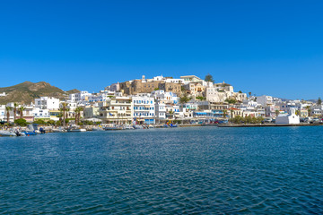 Fototapeta na wymiar View of the port in Chora Naxos, Cyclades, Greece.