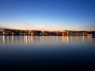Mseno blocks of flats mirrored in the city water reservoir in Jablonec nad Nisou
