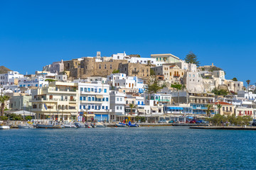 Fototapeta na wymiar View of the port in Chora Naxos, Cyclades, Greece.