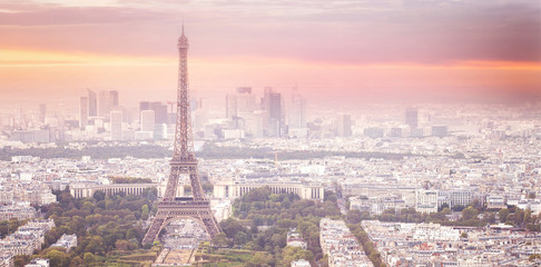 Sunset Eiffel tower and Paris city view form Montparnasse. Sunset romantic background. Eiffel Tower...