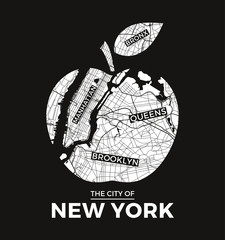 Obrazy na Plexi  Projekt graficzny koszulki New York Big Apple z mapą miasta. Koszulka z nadrukiem, typografia, etykieta, odznaka, godło. Ilustracja wektorowa.