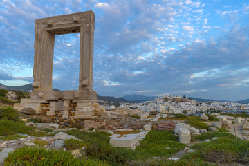 Amazing sunset in Naxos, Cyclades, Greece. The incredible gate (