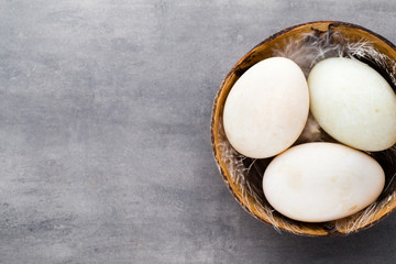 Duck eggs on a cage gray background.