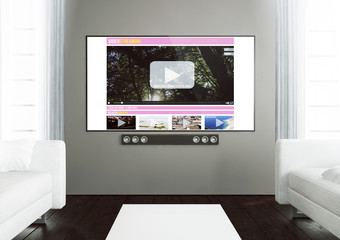 wooden living room with video streaming on smart tv