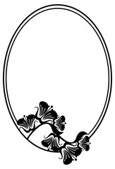 Beautiful silhouette frame. Simple black and white oval frame with abstract flowers.Vector clip art.