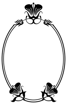 Beautiful silhouette frame. Simple black and white oval frame with abstract flowers.Vector clip art.