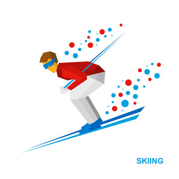 Winter sports - Skiing. Cartoon skier in blue and yellow running downhill. Flat style vector clip art isolated on white background