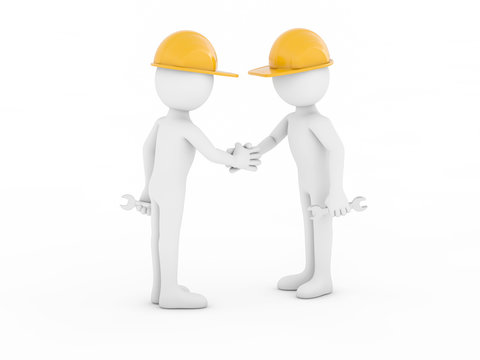 Two 3d safety workers shaking hands with each other.3d rendering