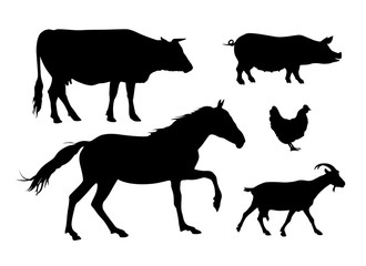 Farm animals silhouettes: cow, horse, pig, hen, goat