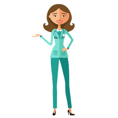 Woman doctor presenting healthcare and medical design concept vector illustration.