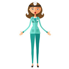 Shocked young doctor surprised nurse woman flat cartoon vector illustration. 