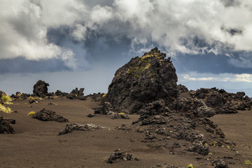 Dramatic views of the volcanic landscape. Kamchatka Peninsula.