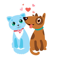 Happy Cartoon Cat And Dog Friendship Vector. Cartoon Vector Illustration Of Best Friends.