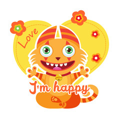 Cute Happy Kitty. Colorful Vector Illustration. Lucky Cartoon Mascot. Funny Theme For Kids T-Shirt Design. Monsters University. Funny Fantastic Animals.