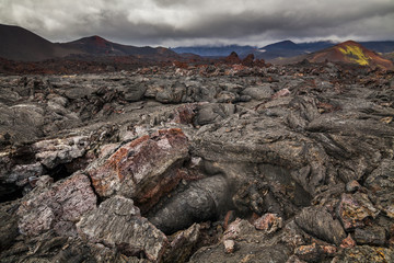 Dramatic views of the volcanic landscape. Kamchatka Peninsula.