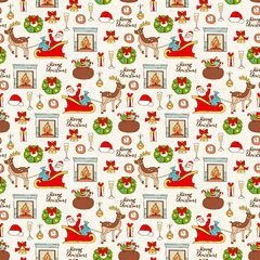Pattern with colored hand drawn symbols of Merry Christmas, Happy New Year on beige color