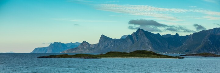 Panoramic view at fjord with rocks, Rocky beach. Beautiful nature Norway