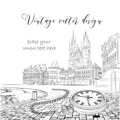 Vintage sketch of the urban landscape with a pocket watch on a chain. The old city of Prague. Vector illustration