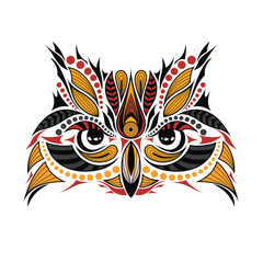 Patterned colored head of the owl. African / indian / totem / tattoo design. It may be used for design of a t-shirt, bag, postcard and poster.