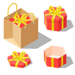 Opened and closed present gift hexagonal boxes