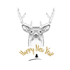 Christmas card with deer. Merry Christmas lettering design. Vector illustration