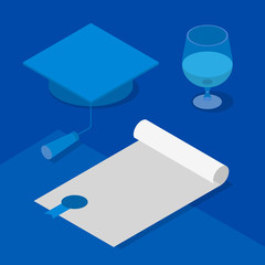 Graduation cap, certificate and wineglass. Concept - celebration reception of scientific degree, success in science. Isometric 3D vector clip art in blue colors.