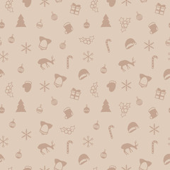 Merry Christmas and Happy New Year 2017. Christmas season hand drawn seamless pattern. Vector illustration. Doodle style. Decorations. Winter holiday backgrounds for design. Deer, snowflakes, Santa