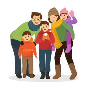 Happy family in colorful winter clothes