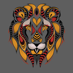 Patterned colored head of the lion. African / indian / totem / tattoo design. It may be used for design of a t-shirt, bag, postcard and poster.