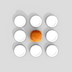 3d illustration rendering of multiple plates square grid with sandwich in the center