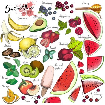 Vector big set of fruits and vegetables for detox smoothie. Hand drawn engraved colored elements.