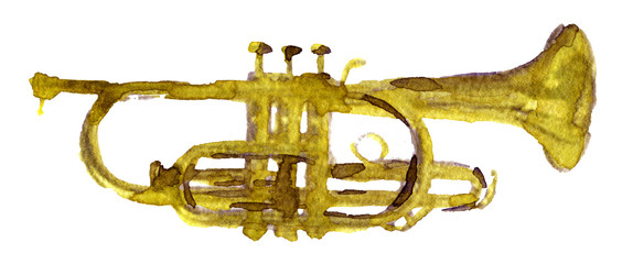 watercolor sketch of gold trumpet on white background © maltiase