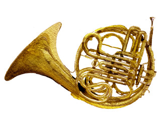 watercolor sketch of gold trumpet on white background © maltiase