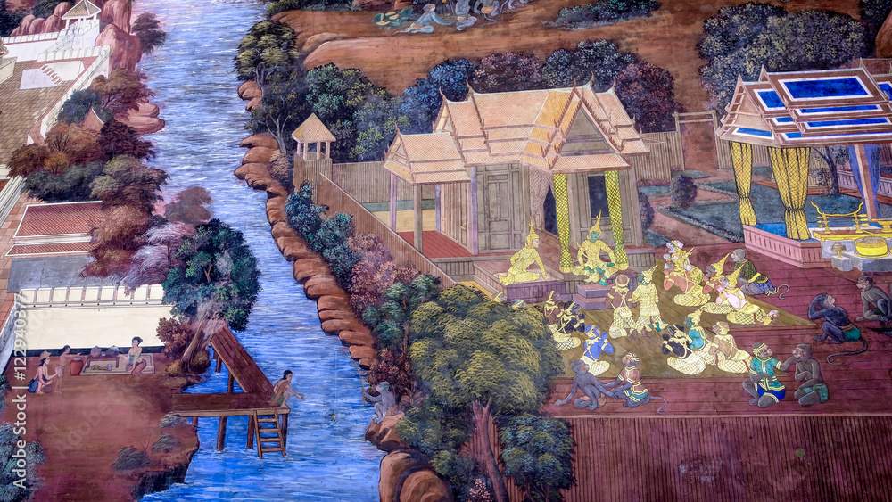 Wall mural masterpiece of traditional thai style painting art old (1931) of ramayana story on the temple wall o