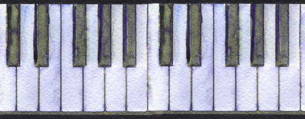 watercolor sketch of piano keyboard on white background