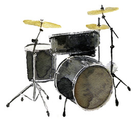watercolor sketch of drum kit on white background