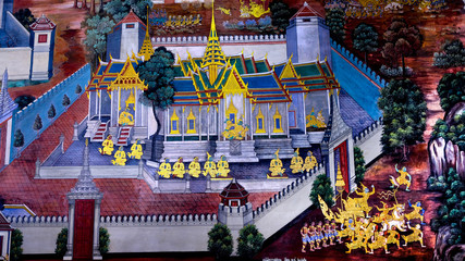 Masterpiece of traditional Thai style painting art old (1931) of Ramayana story on the temple wall of famous Wat Phra Kaew in Bangkok, Thailand..Photo taken on: Oct 6th, 2016