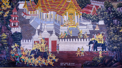 Masterpiece of traditional Thai style painting art old (1931) of Ramayana story on the temple wall of famous Wat Phra Kaew in Bangkok, Thailand..Photo taken on: Oct 6th, 2016 © iphotothailand