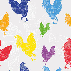 Silhouette Colorful Roosters. Seamless Pattern Pet Animal Cartoon. Vector