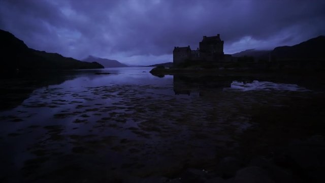 Castle Eilean Donan before light breaks in the remote Scottish Highlands, near  Kyle of Lochalsh.