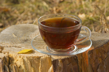 transparent cup of tea standing on the stump