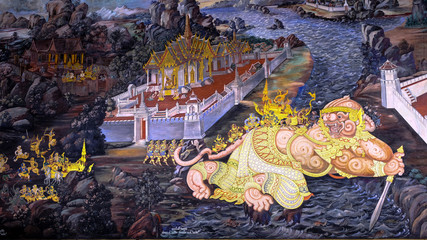 Masterpiece of traditional Thai style painting art old (1931) of Ramayana story on the temple wall...