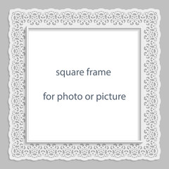 3D Vector bas-relief square frame for photo or picture, vintage vignette with openwork border,  festive pattern, gift template.