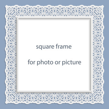 3D Vector bas-relief square frame for photo or picture, vintage vignette with openwork border,  festive pattern, gift template.