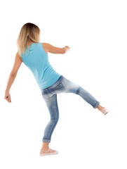skinny woman funny fights waving his arms and legs. Isolated over white background. 