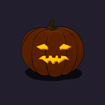 Carved Vicious Scary Halloween Pumpkin, a Jack-o-Lantern on Dark Background, Vector Illustration